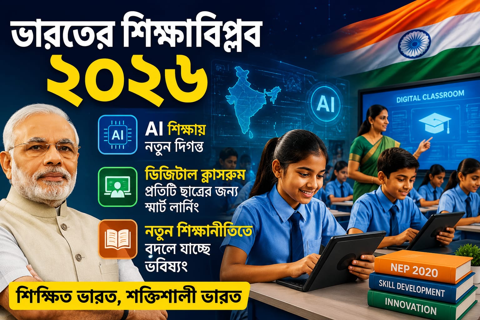 ভারতের শিক্ষা বিপ্লব ২০২৬: AI, ডিজিটাল ক্লাসরুম ও নতুন শিক্ষানীতিতে বদলে যাচ্ছে ভবিষ্যৎ