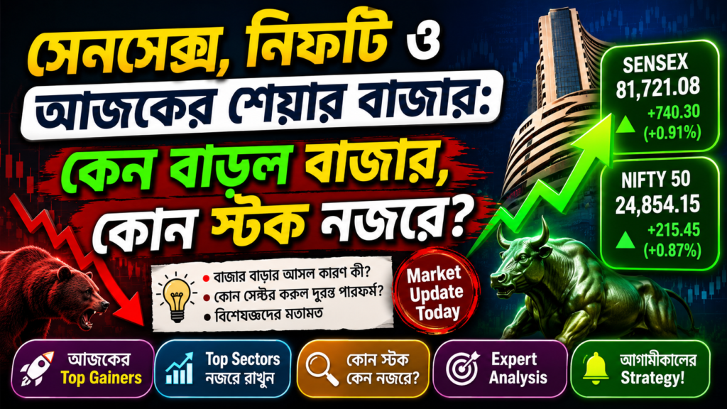 সেনসেক্স, নিফটি ও আজকের শেয়ার বাজার- কেন বাড়ল বাজার, কোন স্টক নজরে?