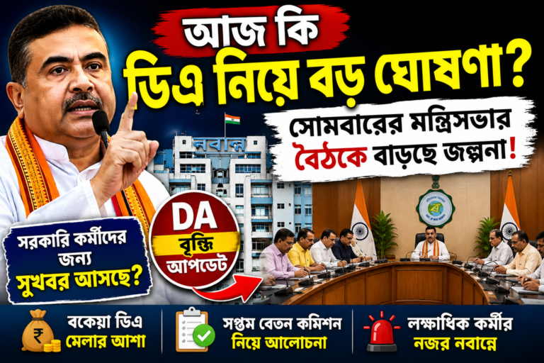 সোমবারের মন্ত্রিসভার বৈঠকে ডিএ, বকেয়া মহার্ঘ ভাতা ও সপ্তম বেতন কমিশন নিয়ে বড় সিদ্ধান্ত হতে পারে বলে জোর জল্পনা।