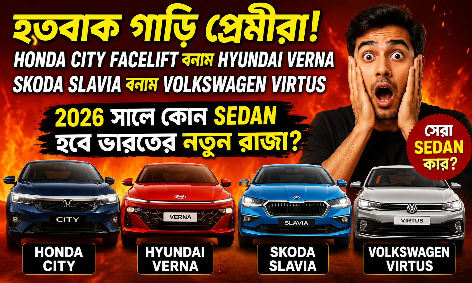 হতবাক গাড়ি প্রেমীরা! Honda City Facelift vs Hyundai Verna vs Skoda Slavia vs Volkswagen Virtus — 2026 সালে কোন Sedan হবে ভারতের নতুন রাজা?