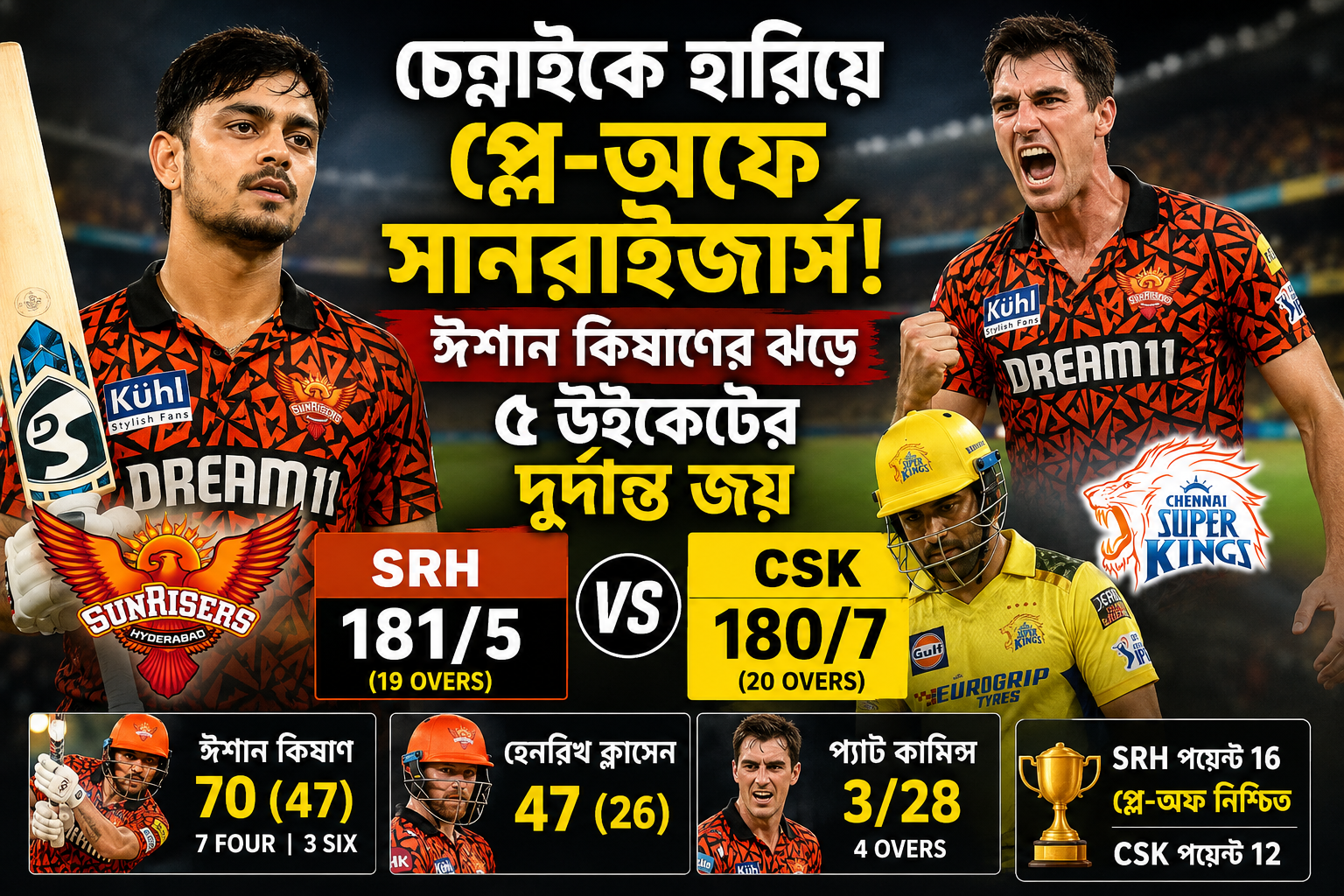 চেন্নাইকে হারিয়ে প্লে-অফে সানরাইজার্স, ঈশান কিষাণের ঝড়ে ৫ উইকেটের দুর্দান্ত জয়