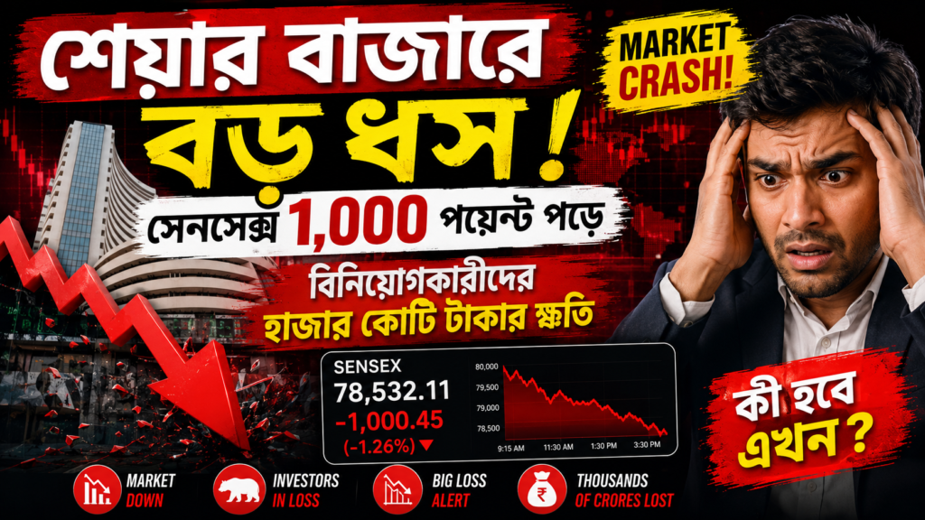 শেয়ার বাজারে বড় ধস, সেনসেক্স ১,০০০ পয়েন্ট পড়ে বিনিয়োগকারীদের হাজার কোটি টাকার ক্ষতি শেয়ার বাজারে বড় ধস, সেনসেক্স ১,০০০ পয়েন্ট পড়ে বিনিয়োগকারীদের হাজার কোটি টাকার ক্ষতি