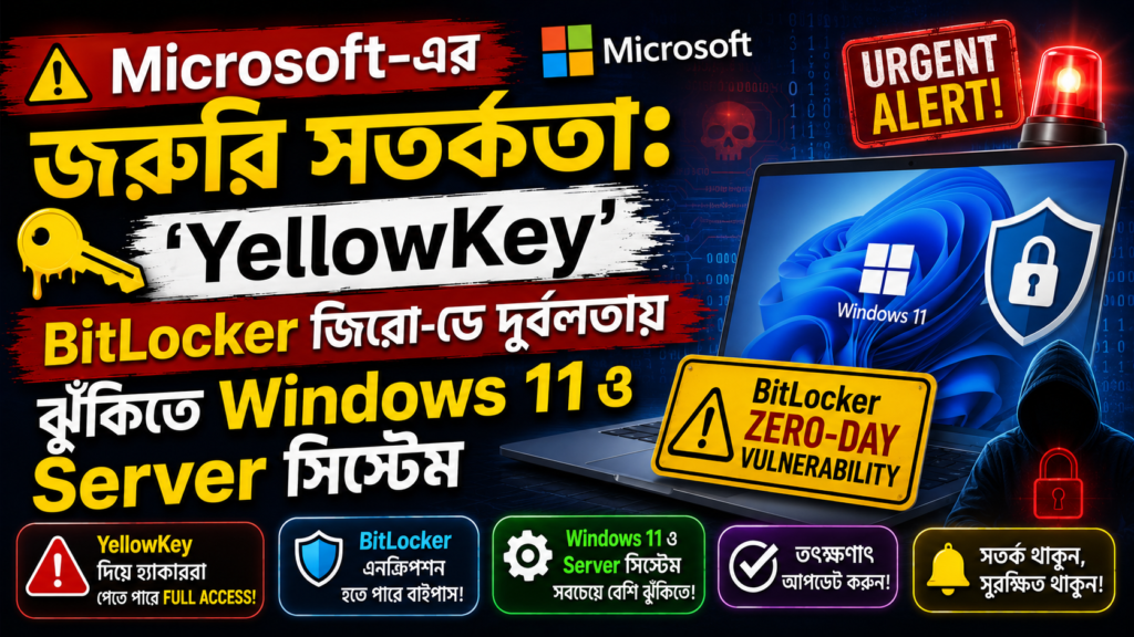 Microsoft-এর জরুরি সতর্কতা: ‘YellowKey’ BitLocker জিরো-ডে দুর্বলতায় ঝুঁকিতে Windows 11 ও Server সিস্টেম Microsoft-এর জরুরি সতর্কতা: ‘YellowKey’ BitLocker জিরো-ডে দুর্বলতায় ঝুঁকিতে Windows 11 ও Server সিস্টেম