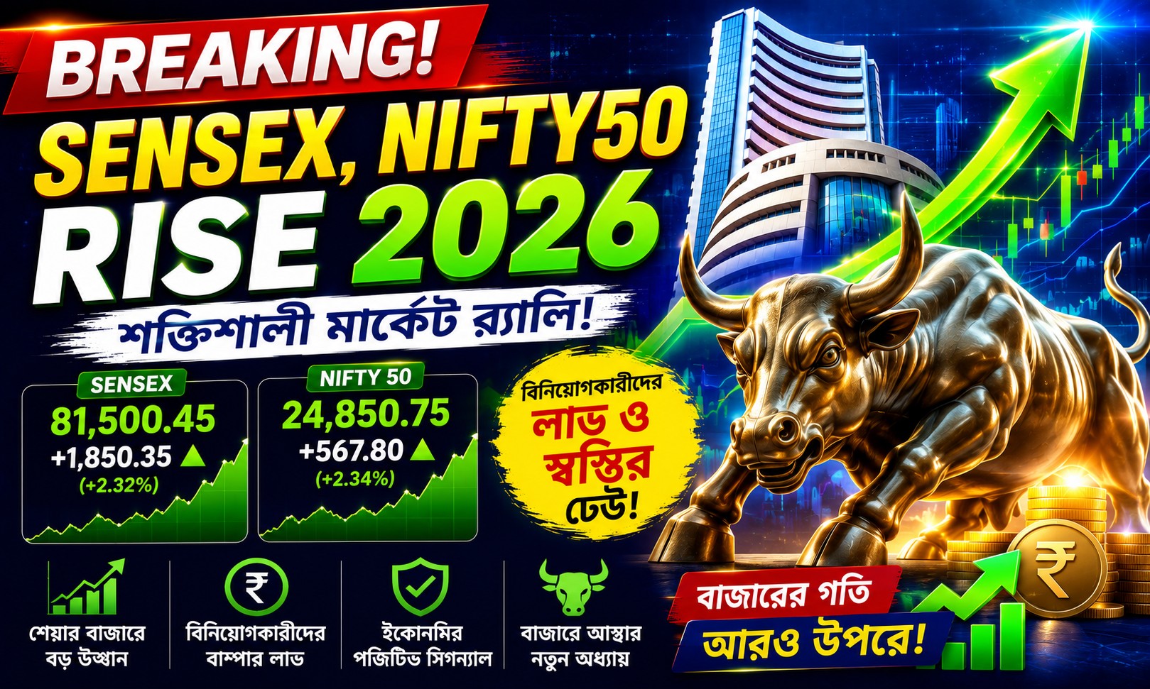 Breaking: Sensex, Nifty50 Rise 2026 — শক্তিশালী মার্কেট র‍্যালিতে বিনিয়োগকারীদের লাভ ও স্বস্তির ঢেউ